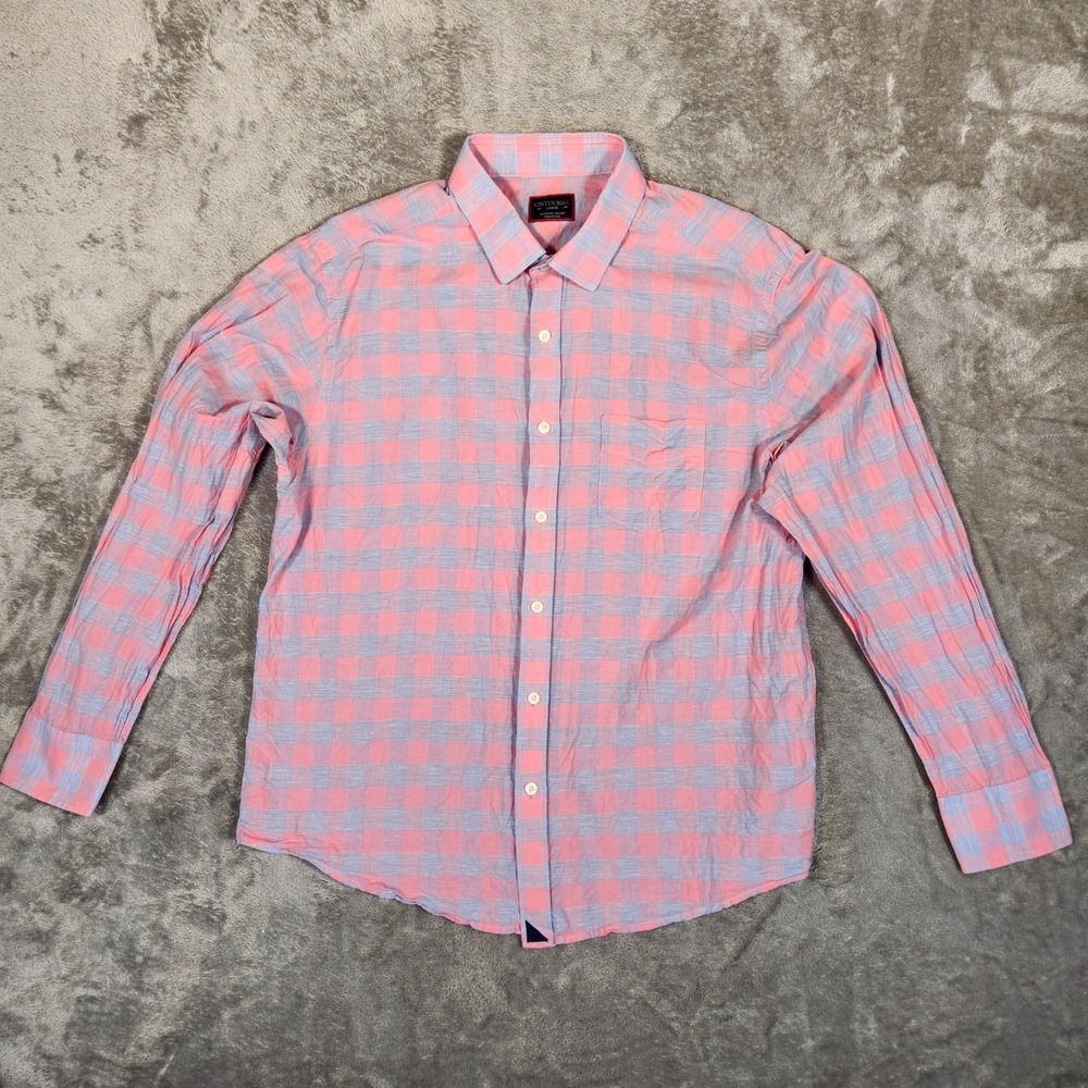 UNTUCKit Button Down Shirt Mens Large Pink Blue Gingham Cotton Linen Excellent